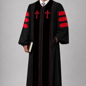 Vesper Black Pulpit Robe with Black Velvet Bars & Red Piping