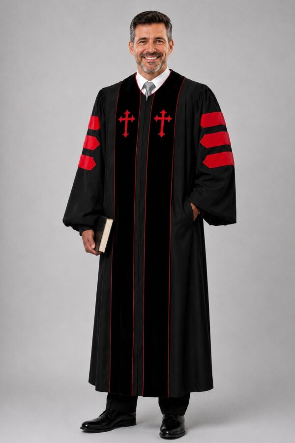Vesper Black Pulpit Robe with Black Velvet Bars & Red Piping Vesper Black Pulpit Robe with Black Velvet Bars & Red Piping
