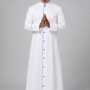 White Clergy Robe with Royal Blue Trim & 10 Buttons