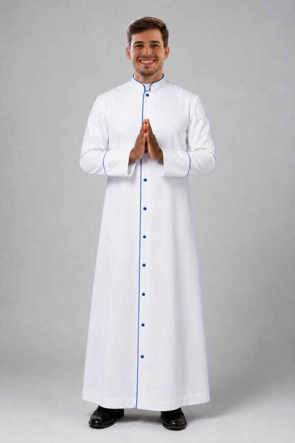 White Clergy Robe with Royal Blue Trim & 10 Buttons