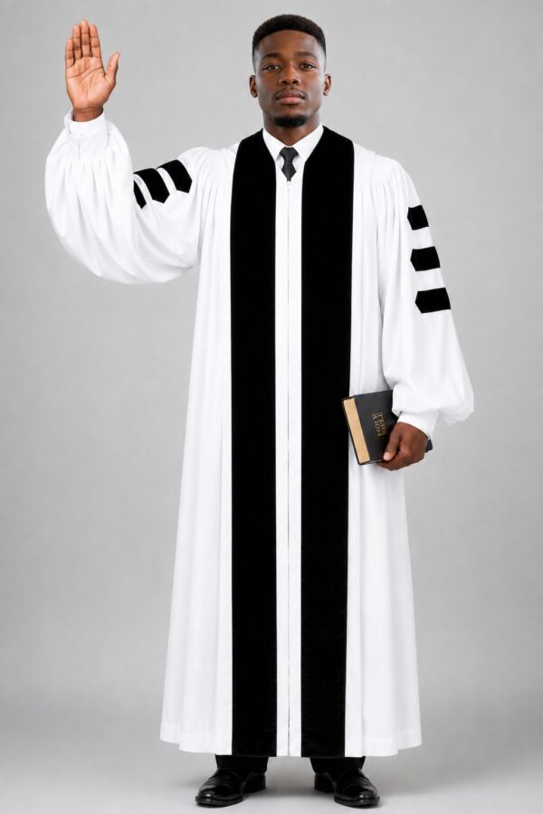 White Pulpit Robe with Velvet Panel & Doctoral Bars White Pulpit Robe with Velvet Panel & Doctoral Bars