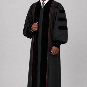 Zion Black Pulpit Robe With Velvet Panels & Red Trim