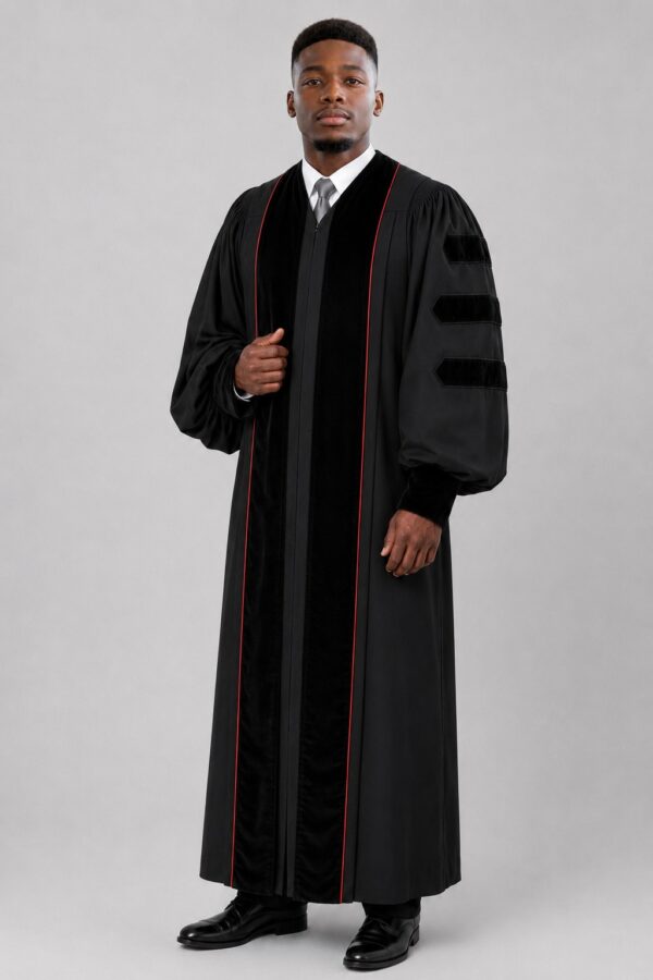 Zion Black Pulpit Robe With Velvet Panels & Red Trim Zion Black Pulpit Robe With Velvet Panels & Red Trim